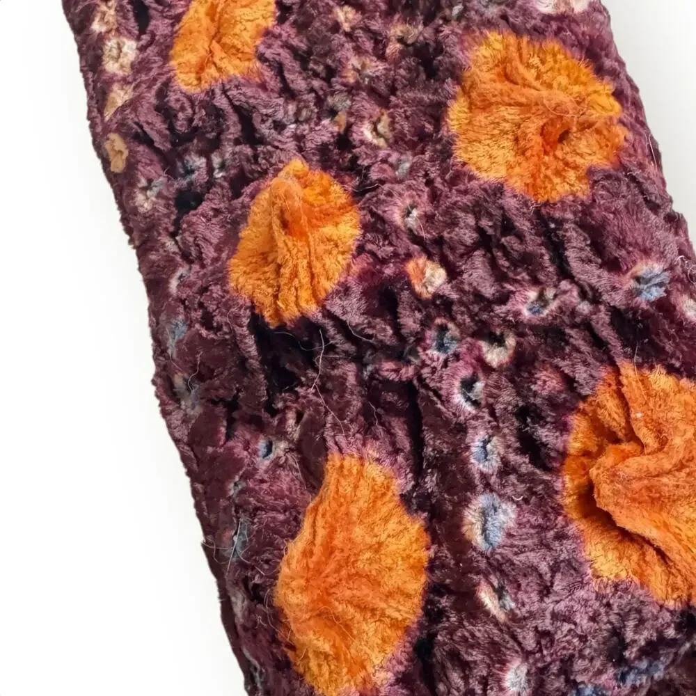Block Print Reversible Velvet Vintage Pull Through Scarf Orange Mauve Brown 28”